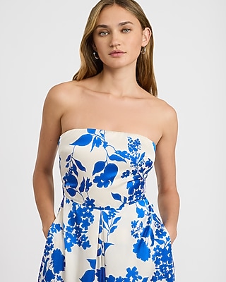 Satin Floral Strapless Tie Back Wide Leg Jumpsuit