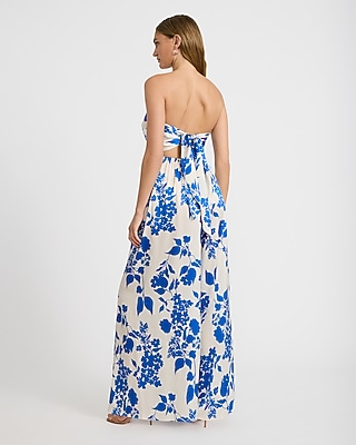 Satin Floral Strapless Tie Back Wide Leg Jumpsuit