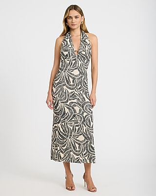 Tropical Printed Halter V-Neck O-Ring Maxi Dress