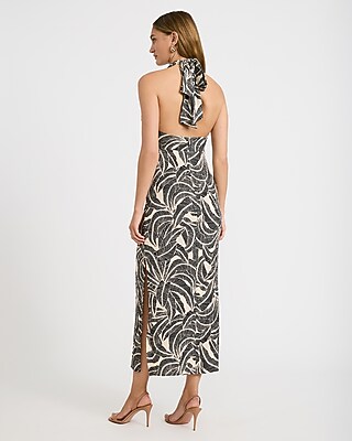 Tropical Printed Halter V-Neck O-Ring Maxi Dress