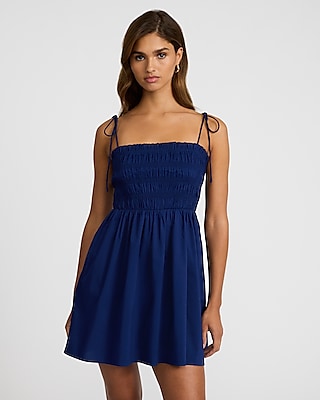 Square Neck Tie Strap Smocked Mini Fit And Flare Dress | Express