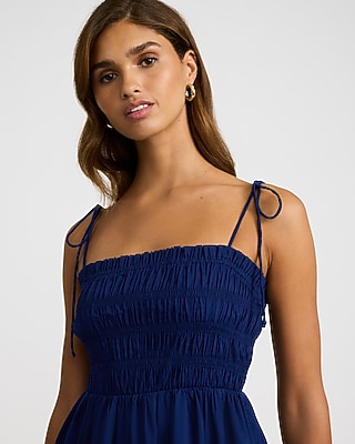 Square Neck Tie Strap Smocked Mini Fit and Flare Dress