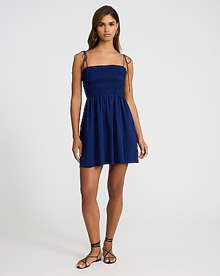 Square Neck Tie Strap Smocked Mini Fit and Flare Dress