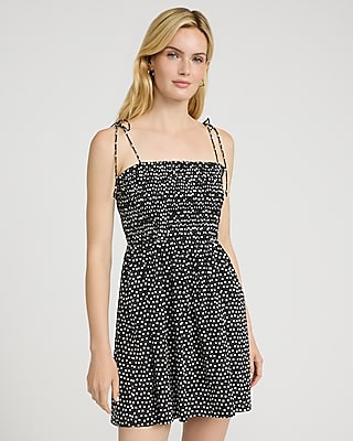 Poplin Polka Dot Tie Strap Smocked Fit And Flare Dress | Express