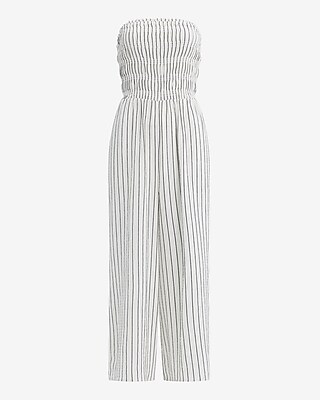 Striped Strapless Smocked Wide Leg Ankle Jumpsuit