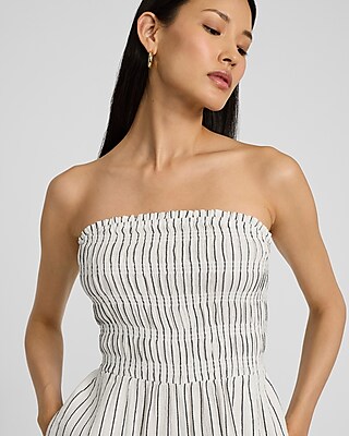Striped Strapless Smocked Wide Leg Ankle Jumpsuit