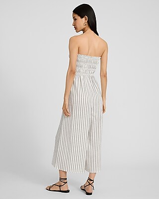 Striped Strapless Smocked Wide Leg Ankle Jumpsuit
