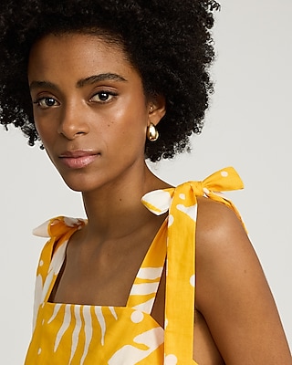 Linen-Blend Printed Square Neck Tie Strap Mini Shift Dress