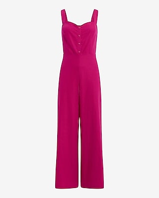 Linen-Blend Sweetheart Button Front Wide Leg Jumpsuit