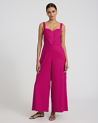 Linen-Blend Sweetheart Button Front Wide Leg Jumpsuit