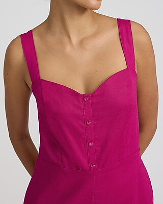 Linen-Blend Sweetheart Button Front Wide Leg Jumpsuit