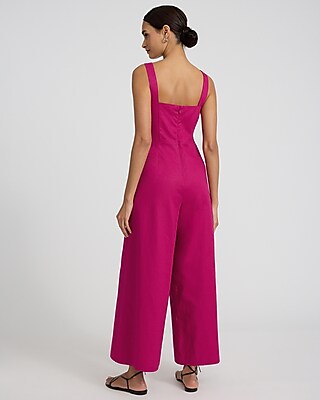 Linen-Blend Sweetheart Button Front Wide Leg Jumpsuit