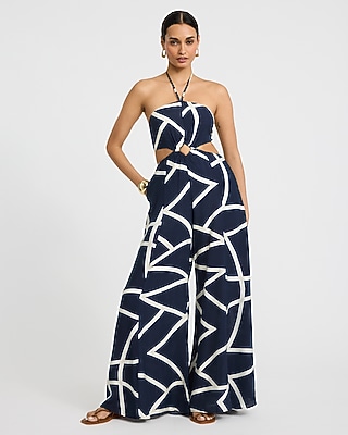 Printed Halter Sleeveless Cutout Wide Leg Jumpsuit with Pockets