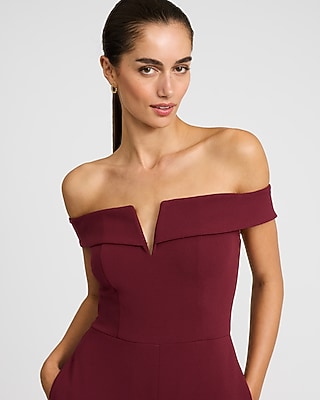 Crepe V-Wire Off The Shoulder Wide Leg Jumpsuit