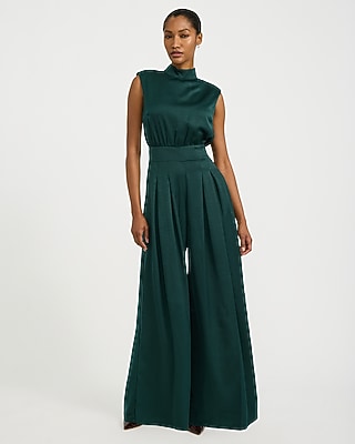 Satin Mock Neck Cap Sleeve Pleated Wide Leg Jumpsuit