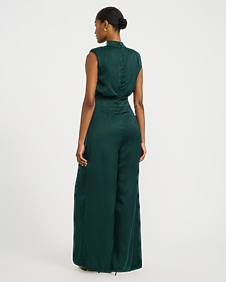 Satin Mock Neck Cap Sleeve Pleated Wide Leg Jumpsuit