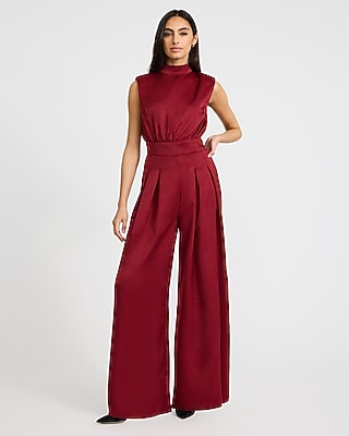 Satin Mock Neck Cap Sleeve Pleated Wide Leg Jumpsuit