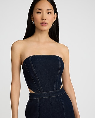 Denim Strapless Cutout Wide Leg Jumpsuit