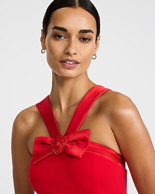 Rosette Bow Halter Neck Sleeveless Midi Dress
