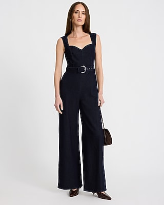 Stretch Denim Cap Sleeve Belted Wide Leg Jumpsuit