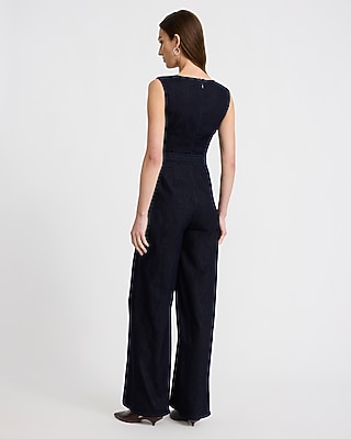 Stretch Denim Cap Sleeve Belted Wide Leg Jumpsuit