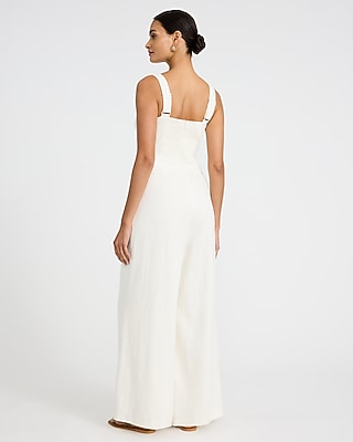 Linen-Blend Sleeveless Square Neck Wide Leg Jumpsuit