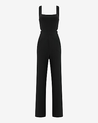 Crepe Square Neck Cutout Wide Leg Jumpsuit with Pockets