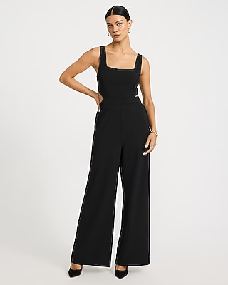 Crepe Square Neck Cutout Wide Leg Jumpsuit with Pockets