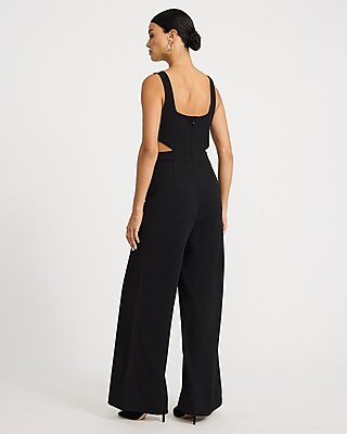 Crepe Square Neck Cutout Wide Leg Jumpsuit with Pockets