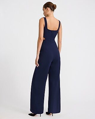 Crepe Square Neck Cutout Wide Leg Jumpsuit with Pockets