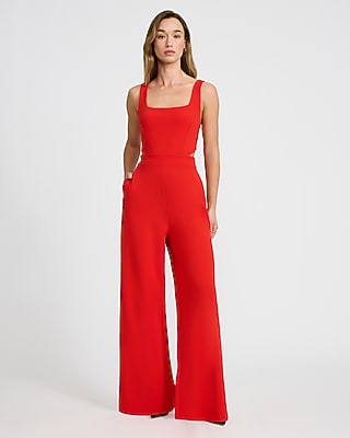 Square Neck Cutout Wide Leg Jumpsuit with Pockets