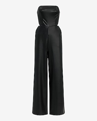 Faux Leather Strapless Cutout Wide Leg Jumpsuit with Pockets