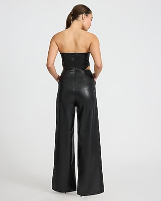 Faux Leather Strapless Cutout Wide Leg Jumpsuit with Pockets