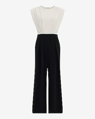 Ruched Cap Sleeve Color Block Wide Leg Jumpsuit with Pockets