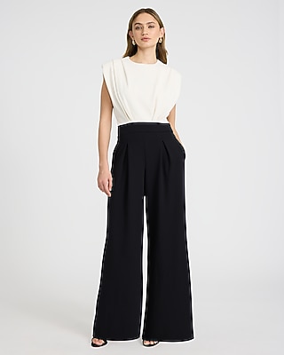 Ruched Cap Sleeve Color Block Wide Leg Jumpsuit with Pockets