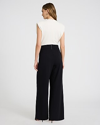 Ruched Cap Sleeve Color Block Wide Leg Jumpsuit with Pockets