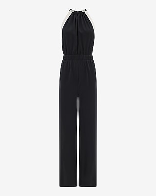 Color Block Halter Sleeveless Wide Leg Jumpsuit with Pockets