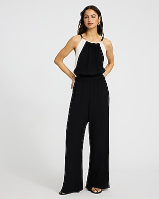 Color Block Halter Sleeveless Wide Leg Jumpsuit with Pockets