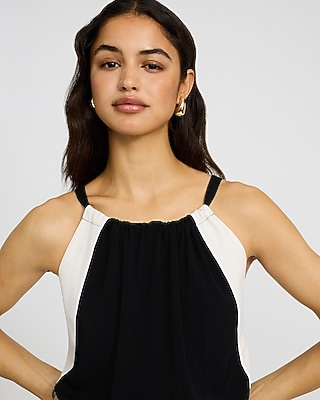 Color Block Halter Sleeveless Wide Leg Jumpsuit with Pockets