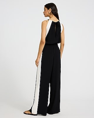 Color Block Halter Sleeveless Wide Leg Jumpsuit with Pockets