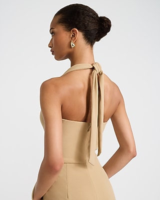 Crepe Tie Halter Square Neck Wide Leg Jumpsuit with Pockets - thumbnail 6