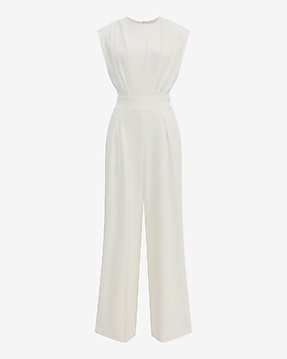 Crepe Crew Neck Cap Sleeve Wide Leg Jumpsuit with Pockets