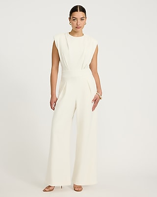 Crepe Crew Neck Cap Sleeve Wide Leg Jumpsuit with Pockets