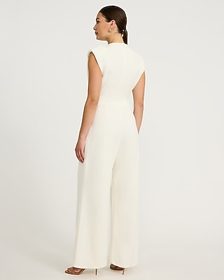 Crepe Crew Neck Cap Sleeve Wide Leg Jumpsuit with Pockets