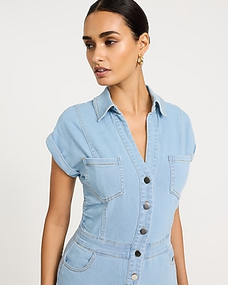 Denim Short Sleeve Wide Leg Jumpsuit - image 2