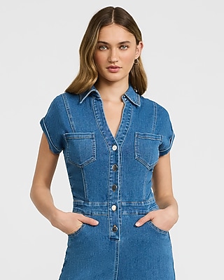 Stretch Denim Short Sleeve Wide Leg Jumpsuit | Express