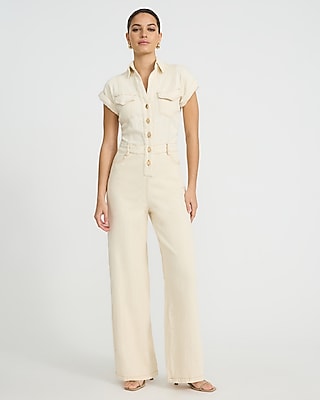 Stretch Denim Short Sleeve Wide Leg Jumpsuit