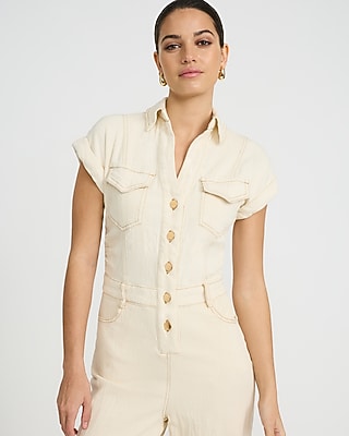 Stretch Denim Short Sleeve Wide Leg Jumpsuit