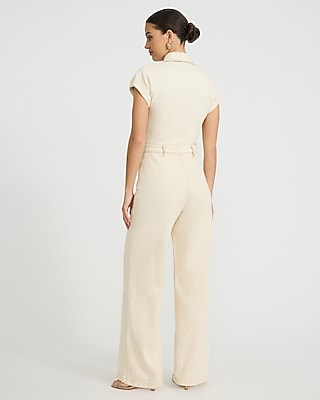 Stretch Denim Short Sleeve Wide Leg Jumpsuit