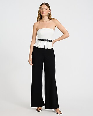 Strapless Peplum Belted Wide Leg Jumpsuit with Pockets - thumbnail 4